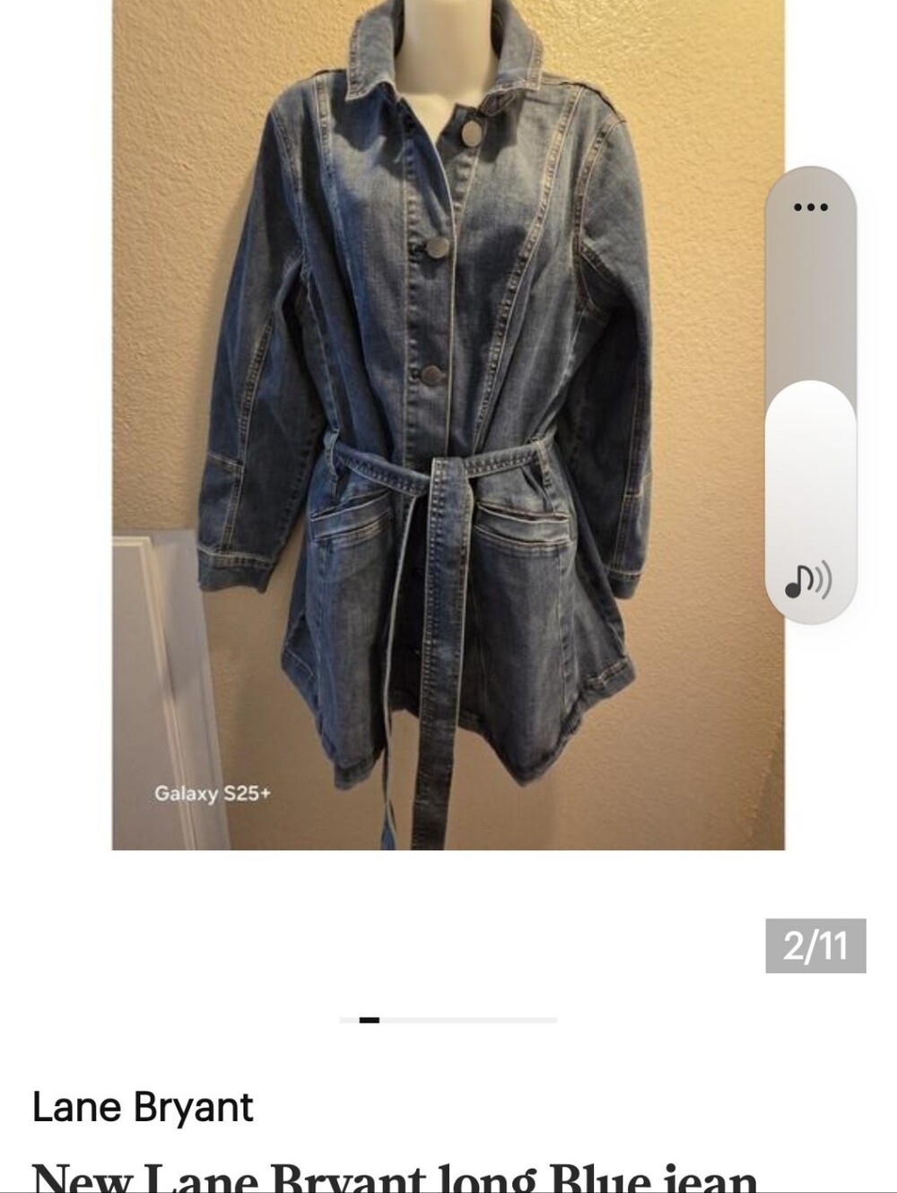 New Lane Bryant long Blue jean jacket W/belt And Pockets size 16